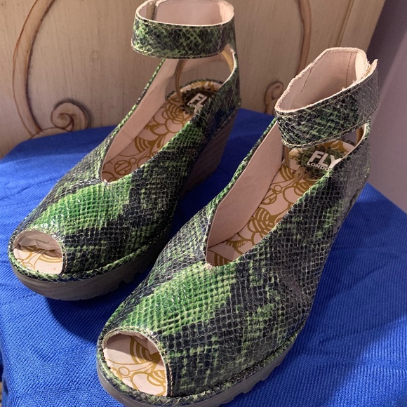 green snakeskin sandals